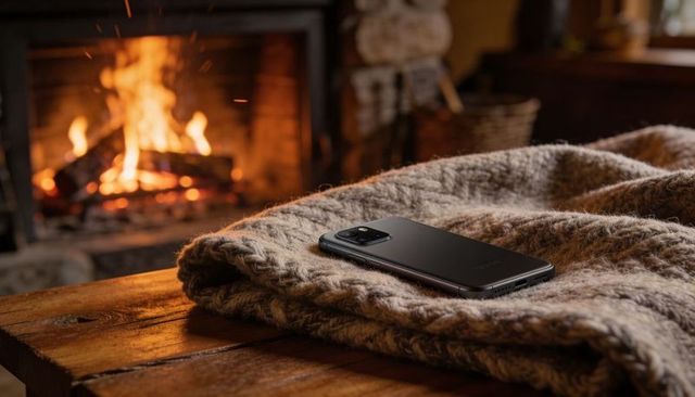 Black smartphone resting on chunky knit blanket beside glowing fireplace in rustic room