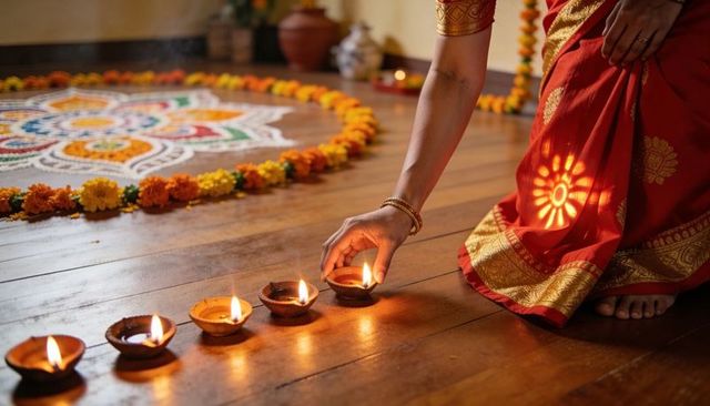 Indian woman lighting diyas by rangoli in red sari diwali festival tradition home altar