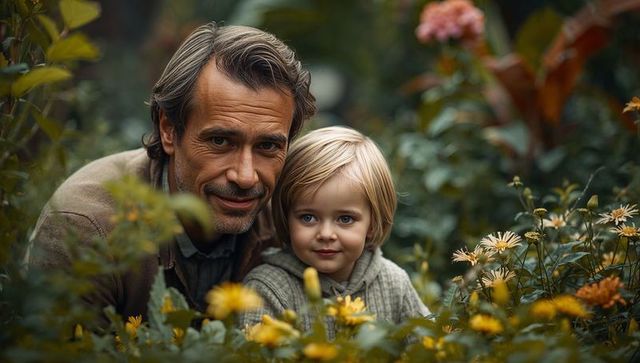 Father crouching with child among yellow daisies in garden, warm family moment outdoors