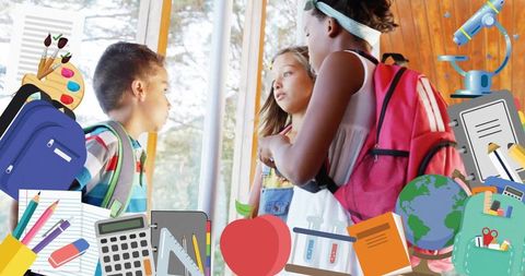 Middle school students talking in bright hallway with backpacks and colorful supply graphics