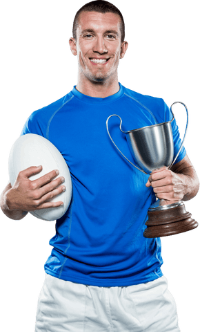 Transparent Rugby Player Holding Trophy Smiling