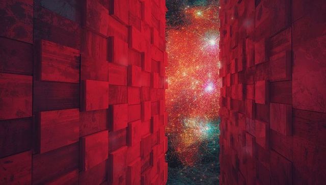 Nebula streaming through narrow red panel corridor with glowing starfield portal