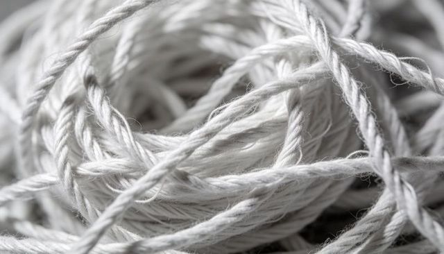 White cotton rope coil revealing textured fibers and loose lint in macro close-up