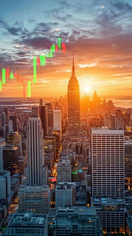 Rising candlestick chart sweeping over Empire State Building at sunset vertical finance video