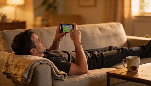Man lying on sofa watching football on smartphone in cozy living room evening