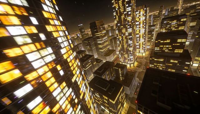 Glowing downtown night skyline with cylindrical high-rise and busy street lights