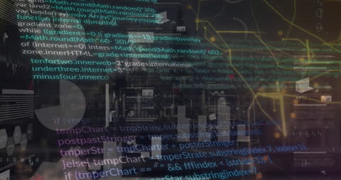 Abstract Digital Data Overlay on Cityscape with Light Trails