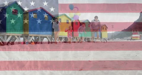 Family Running on Beach with American Flair Overlay