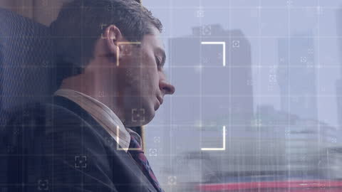Businessman Sleeping on Bus with Futuristic Data Overlay