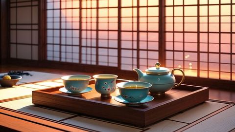 Traditional anime tea set on wooden tray by shoji screens at sunset