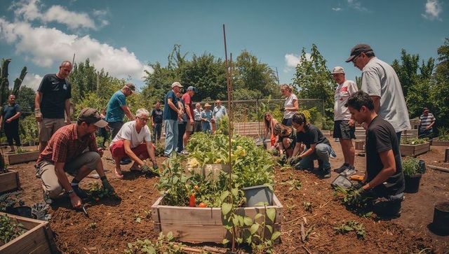 Community garden volunteers tending raised beds and tomato plants in sunny urban garden