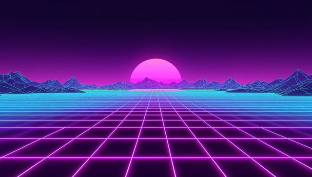 Futuristic neon synthwave landscape with wireframe mountains