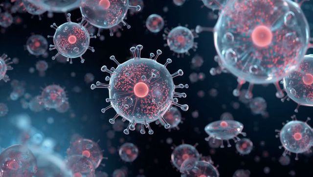 Floating transparent viral particles with spike proteins and red cores in deep blue field