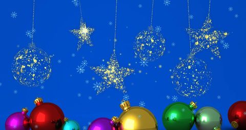 Golden Stars and Colorful Baubles on Blue Winter Background