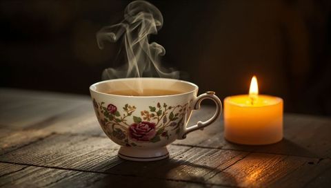 Steaming Rose China Teacup with Gold Heart Handle by Warm Candlelight Glow