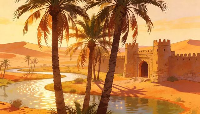 Golden sunset desert oasis with winding river and ancient stone fortress behind palm trees