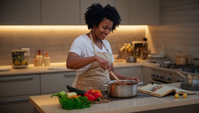 Smiling woman stirring rich tomato sauce at kitchen island wearing apron and white tee