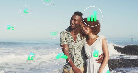 Couple Embracing Sustainability by Ocean with Eco Icons
