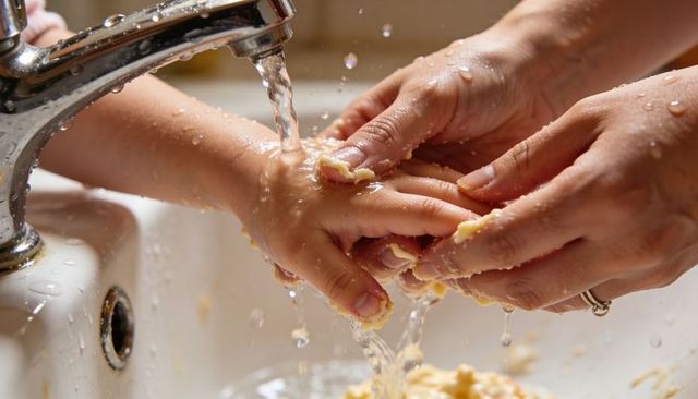 Parent washing child hands at running tap removing sticky dough caregiver teaching hygiene