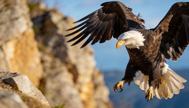 Bald eagle swooping over rugged coastal cliff with outstretched wings and extended talons