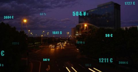 Digital Currencies and Technology Over Urban Highway at Dusk