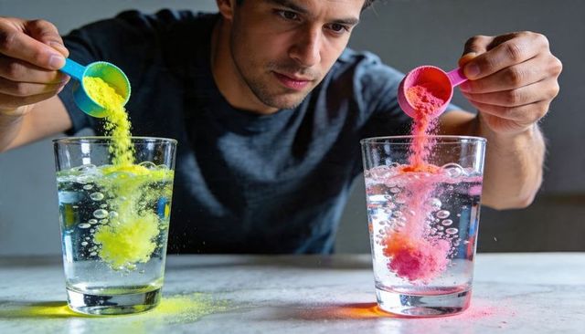 Man pouring neon yellow and pink powders into water glasses creating colorful fizz