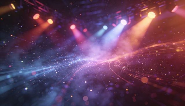 Colorful Concert Stage Lights Creating Dynamic Particle Trails, Fog, Neon Atmosphere