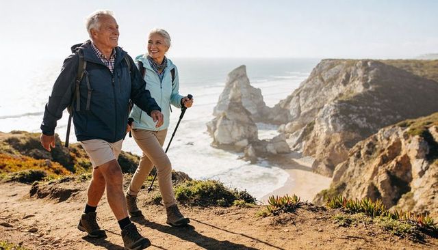Active senior couple hiking coastal cliff trail with backpacks and trekking poles
