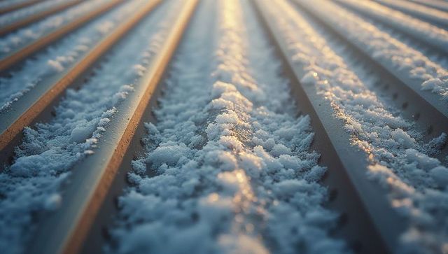 Close-Up of Frost-Covered Steel Railroad Tracks at Dawn