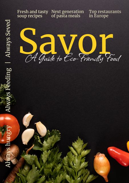 This eco-friendly food guide layout features a vibrant selection of fresh vegetables on a dark background, ideal for publications focused on sustainable eating, organic produce, and healthy recipes. Perfect for magazines, cookbooks, blog posts, and marketing materials promoting eco-conscious cooking and plant-based diets.