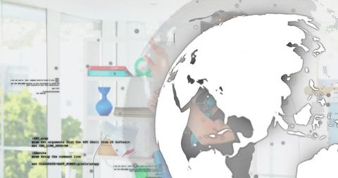 Woman touching digital globe and interacting with touchscreen with code and map overlays