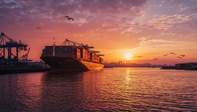 Container ship gliding at sunset past industrial port with city skyline and seagulls