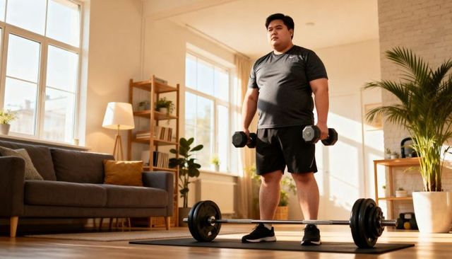 Man standing holding dumbbells in sunlit living room with barbell and home gym gear