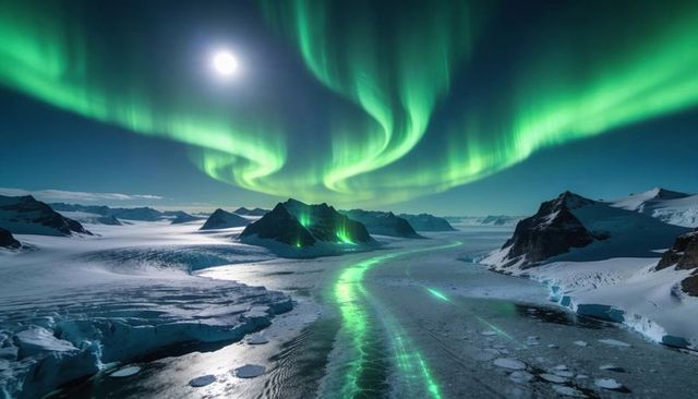 Dancing northern lights arching over frozen polar fjord reflecting on cracked floes