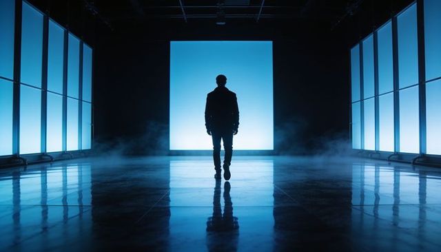 Male silhouette walking toward glowing blue led portal in foggy reflective studio space