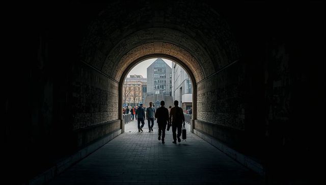 Silhouetted commuters walking through stone arch toward urban plaza in overcast daylight