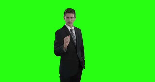 Businessman in formal suit gesturing with hand on green screen background. Ideal for presentations, corporate videos, and advertisements where customizable backgrounds are needed.
