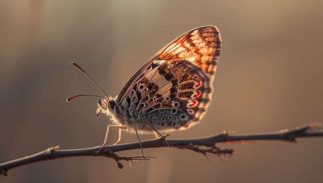 Backlit brown butterfly perching on twig showing intricate wing pattern and antennae