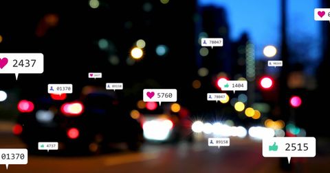 Social media engagement overlay city lights concept