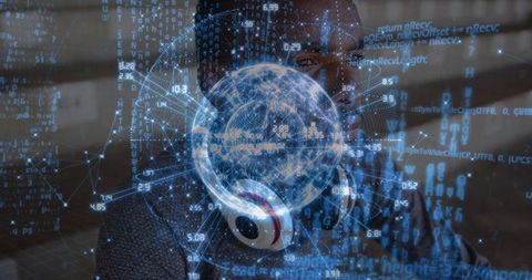Teen Male Studying Holographic Global Data Network with Floating Code and Headphones
