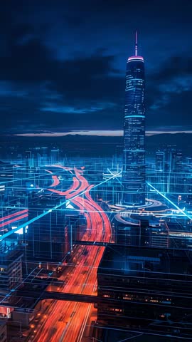 Vertical futuristic cityscape video capturing neon-lit interchange and skyscraper at dusk