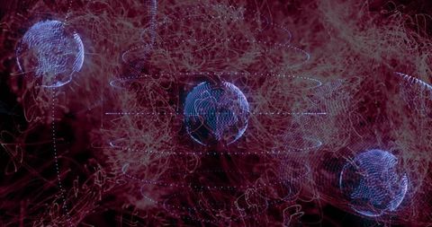 Digital Globe Visualization with Futuristic Red and Blue Laser Trails