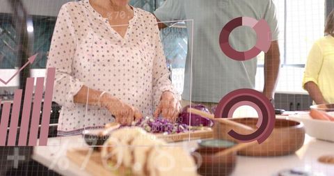 Woman Chopping Purple Cabbage with Data Overlays in Smart Kitchen for Meal Prep Analytics