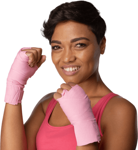 Confident woman supporting breast cancer awareness with transparent background