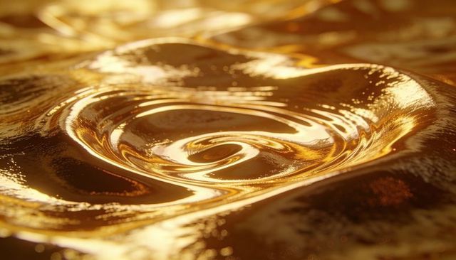 Glowing golden liquid swirl revealing glossy metallic ripples and spiral highlights