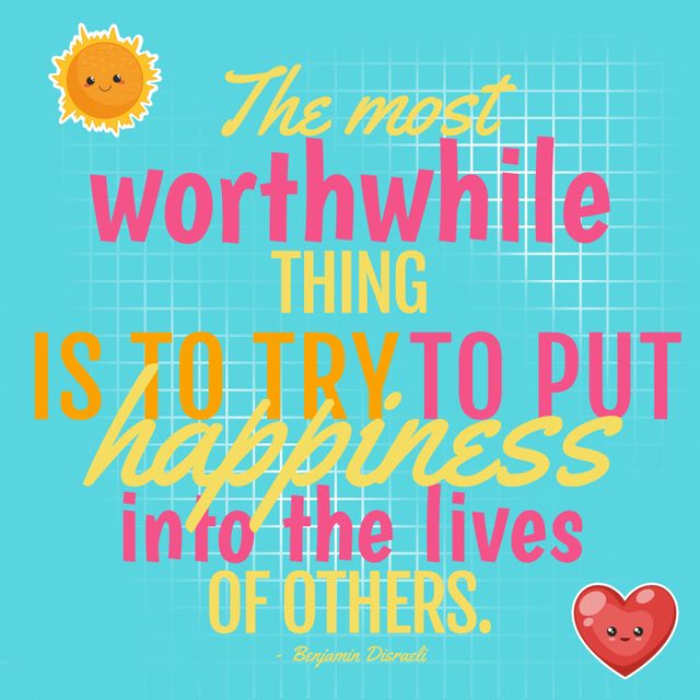 Motivational illustration featuring vibrant text with a cheerful sun and heart. Promotes the value of bringing happiness to others. Ideal for social media posts, motivational posters, and wellness blogs.