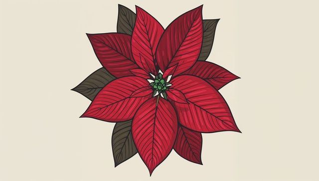 Hand-Drawn Red Poinsettia Illustration Featuring Bold Leaves on Pale Beige Background
