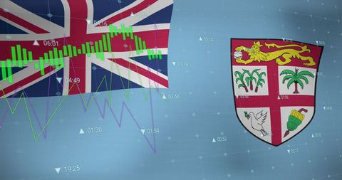Fiji flag with financial market data overlay