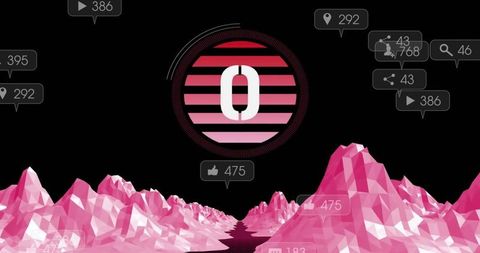 Futuristic neon low poly landscape with floating zero badge and social data bubbles hud