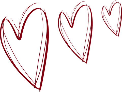 Three red sketched hearts on transparent background